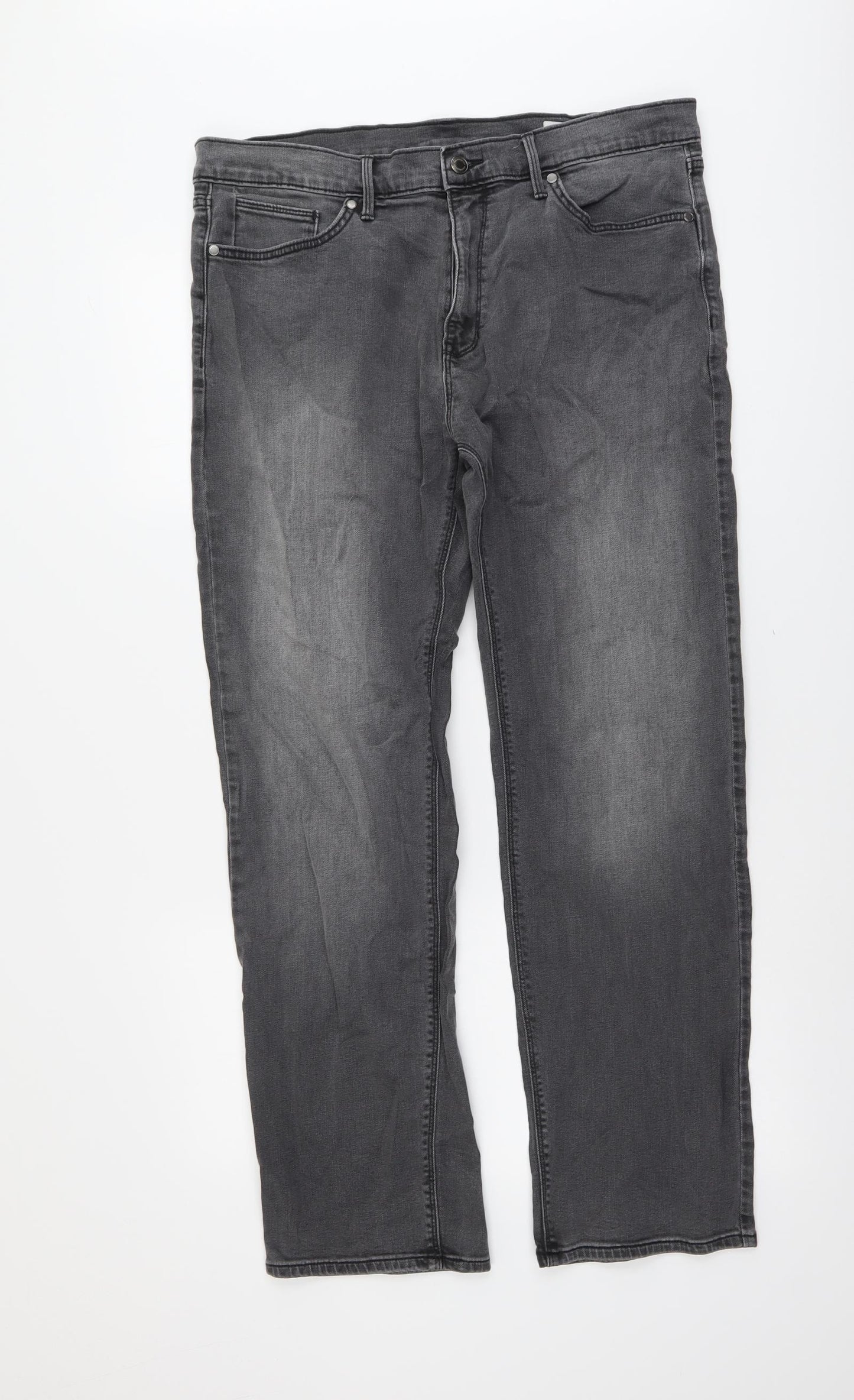 Marks and Spencer Mens Grey Cotton Straight Jeans Size 36 in L31 in Regular Button