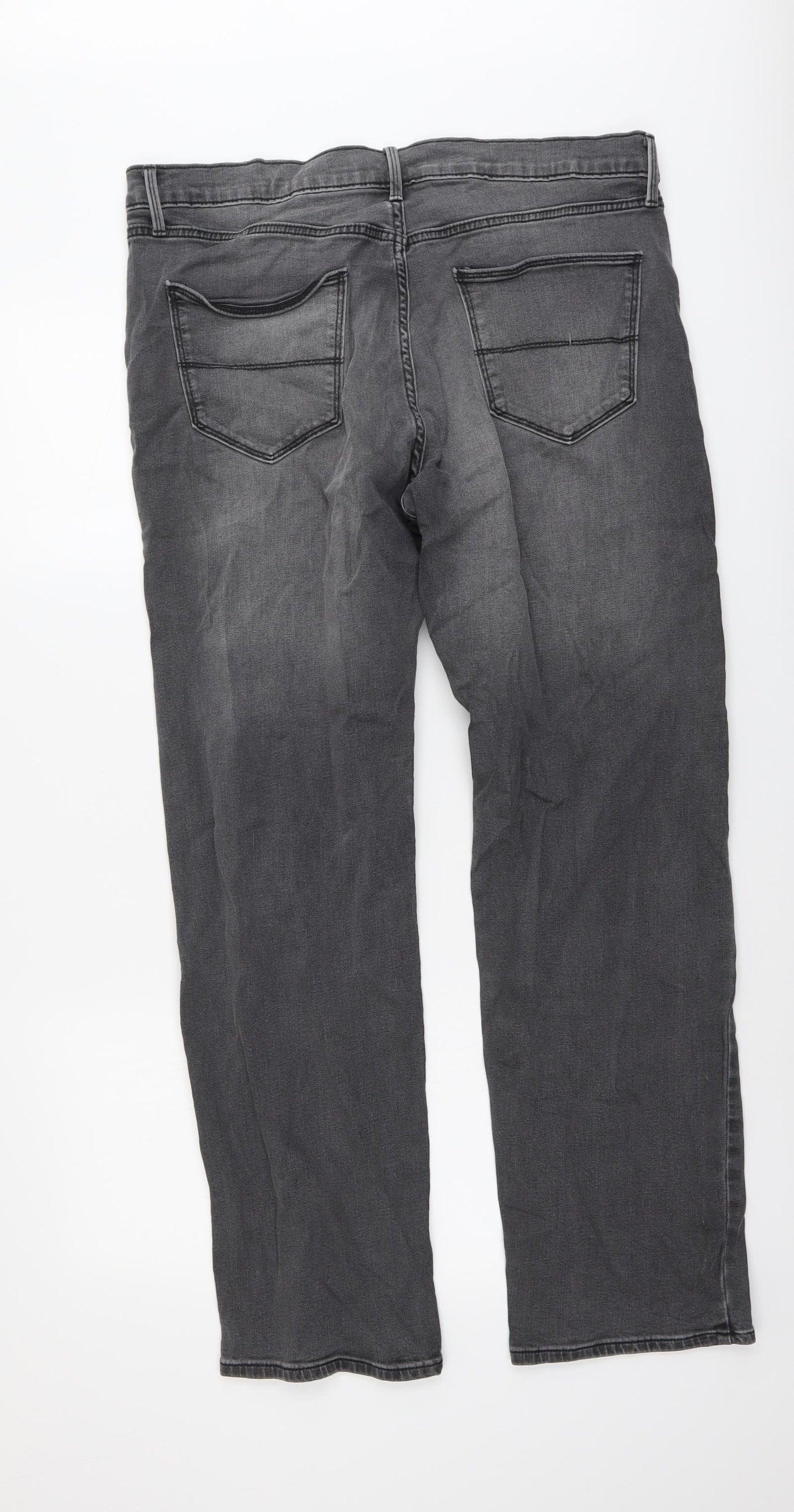 Marks and Spencer Mens Grey Cotton Straight Jeans Size 36 in L31 in Regular Button