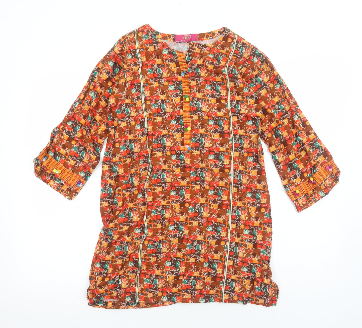 Alive Womens Orange Geometric Cotton Kaftan Size 6 Boat Neck Pullover