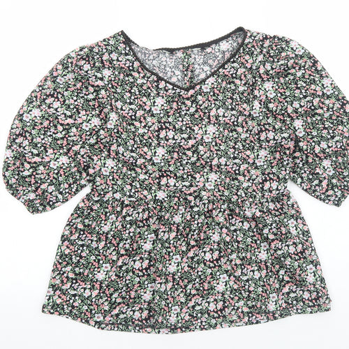 PEP&CO Womens Black Floral Viscose Basic Blouse Size M V-Neck - Smocked