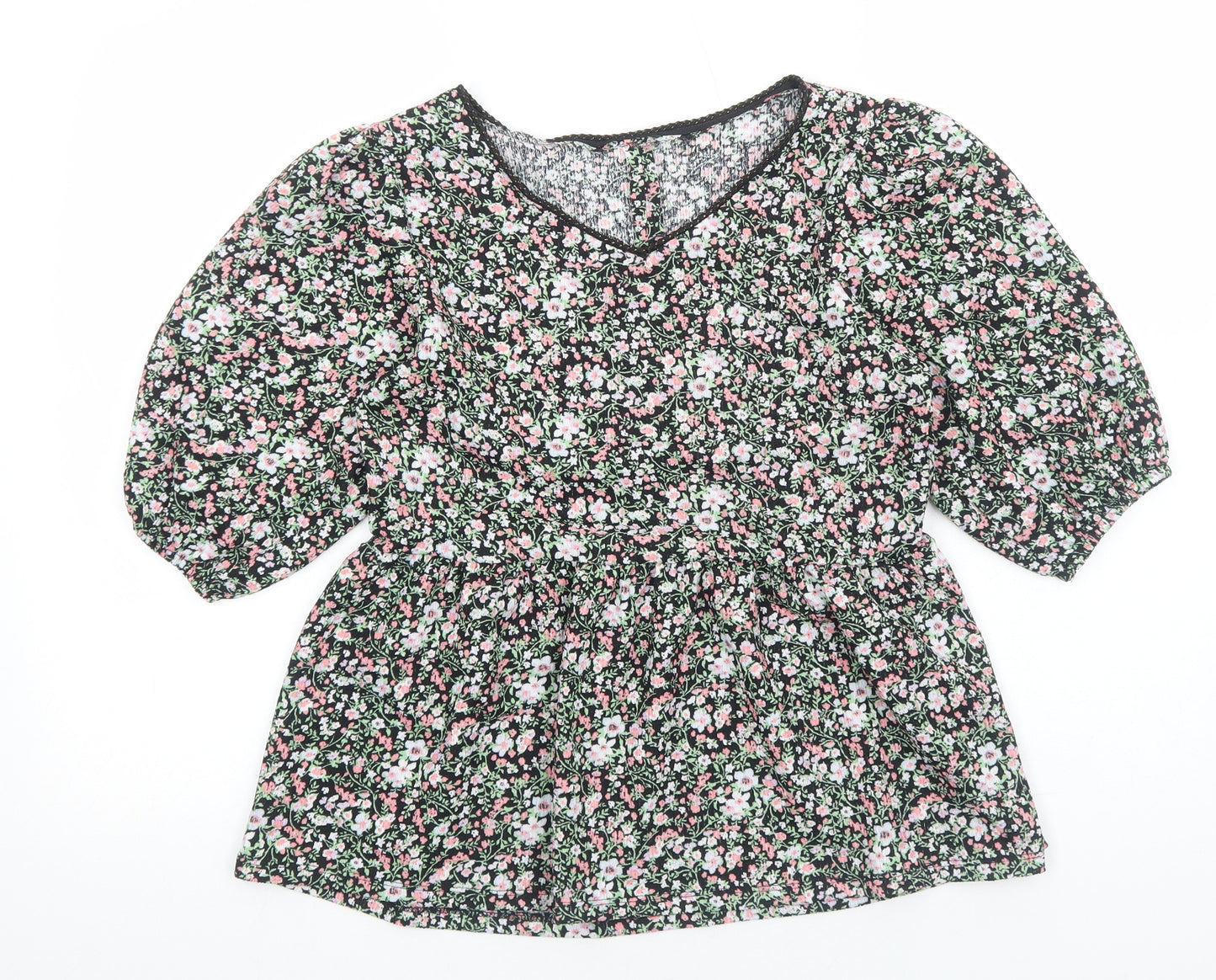 PEP&CO Womens Black Floral Viscose Basic Blouse Size M V-Neck - Smocked