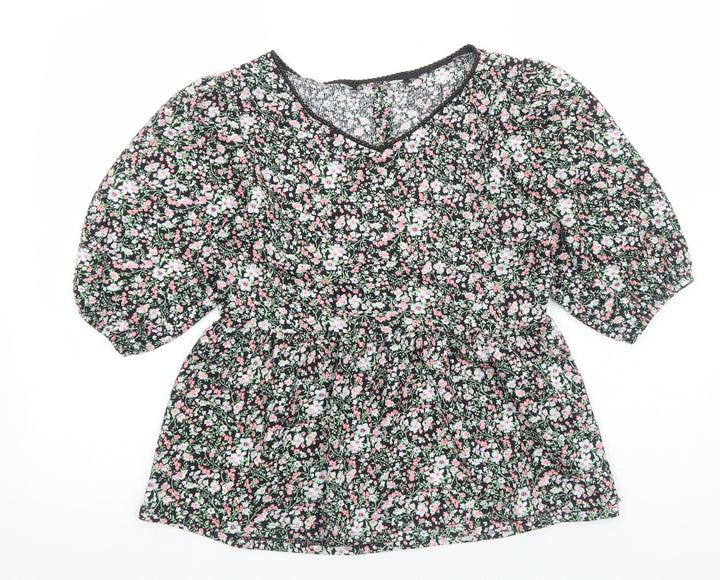 PEP&CO Womens Black Floral Viscose Basic Blouse Size M V-Neck - Smocked