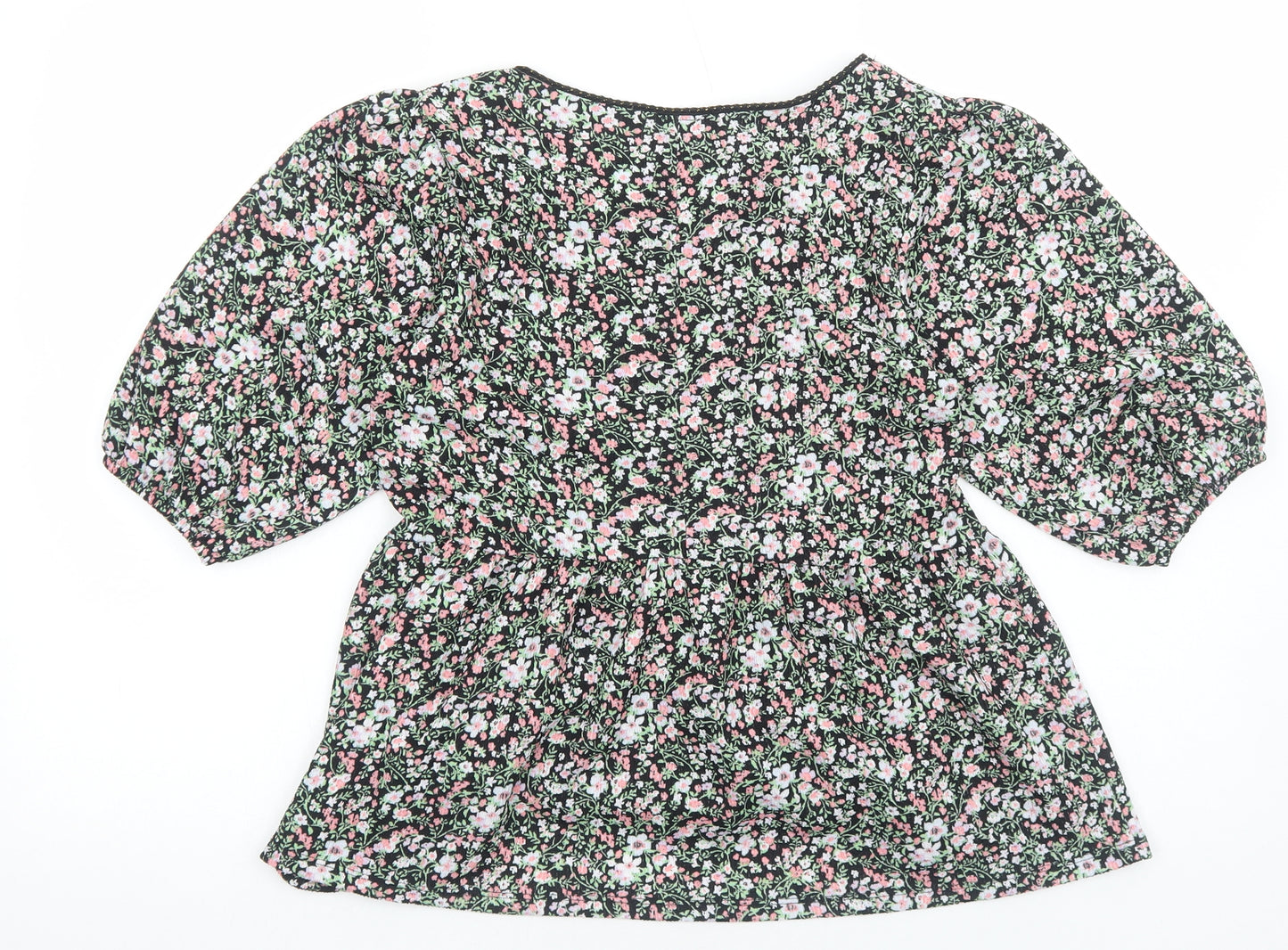 PEP&CO Womens Black Floral Viscose Basic Blouse Size M V-Neck - Smocked