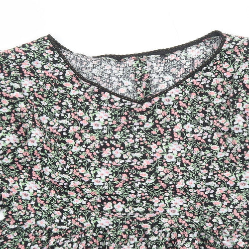 PEP&CO Womens Black Floral Viscose Basic Blouse Size M V-Neck - Smocked