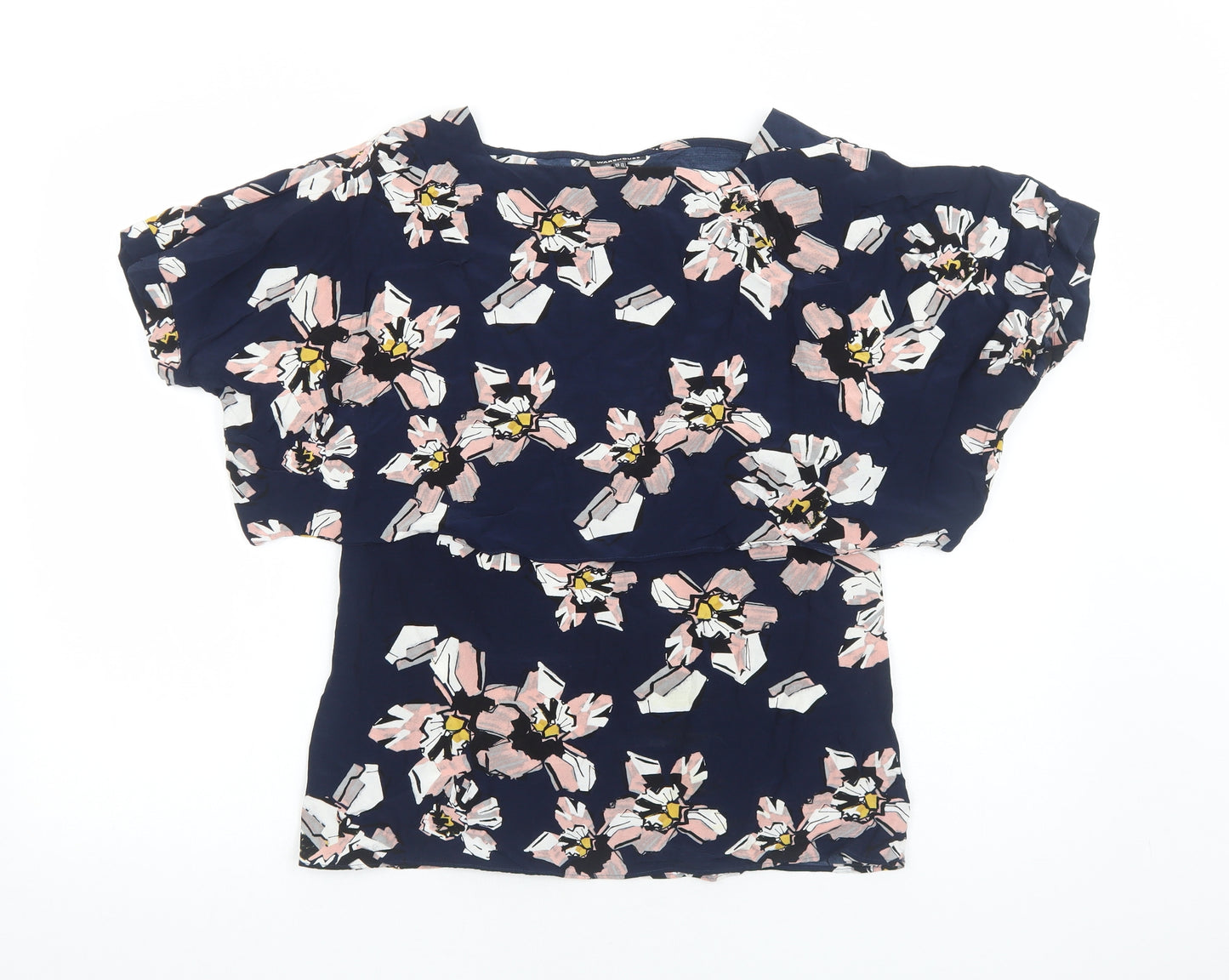 Warehouse Womens Blue Floral Viscose Basic Blouse Size 10 Boat Neck