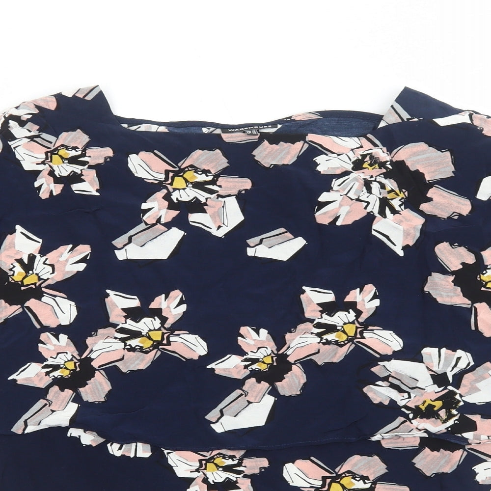 Warehouse Womens Blue Floral Viscose Basic Blouse Size 10 Boat Neck