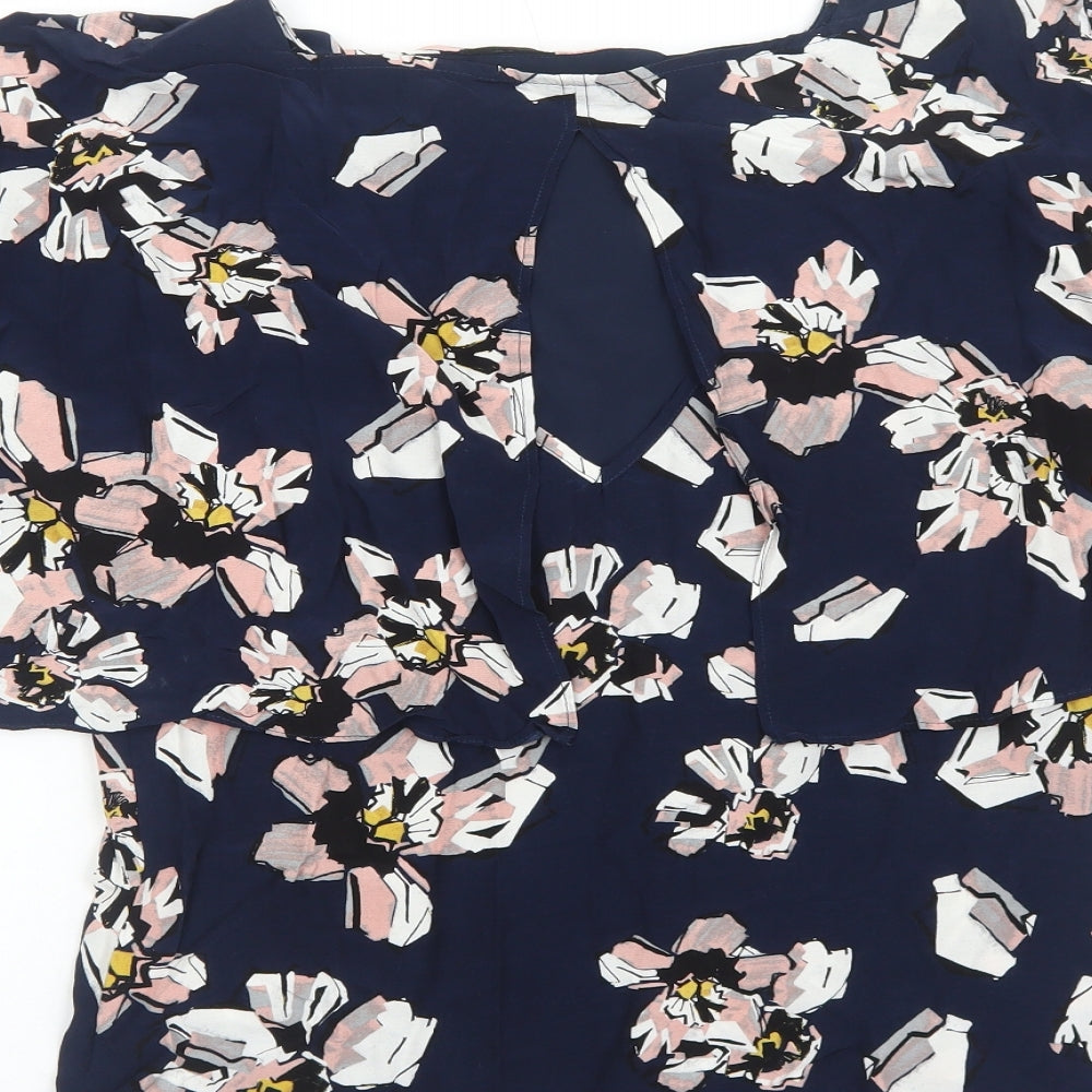 Warehouse Womens Blue Floral Viscose Basic Blouse Size 10 Boat Neck