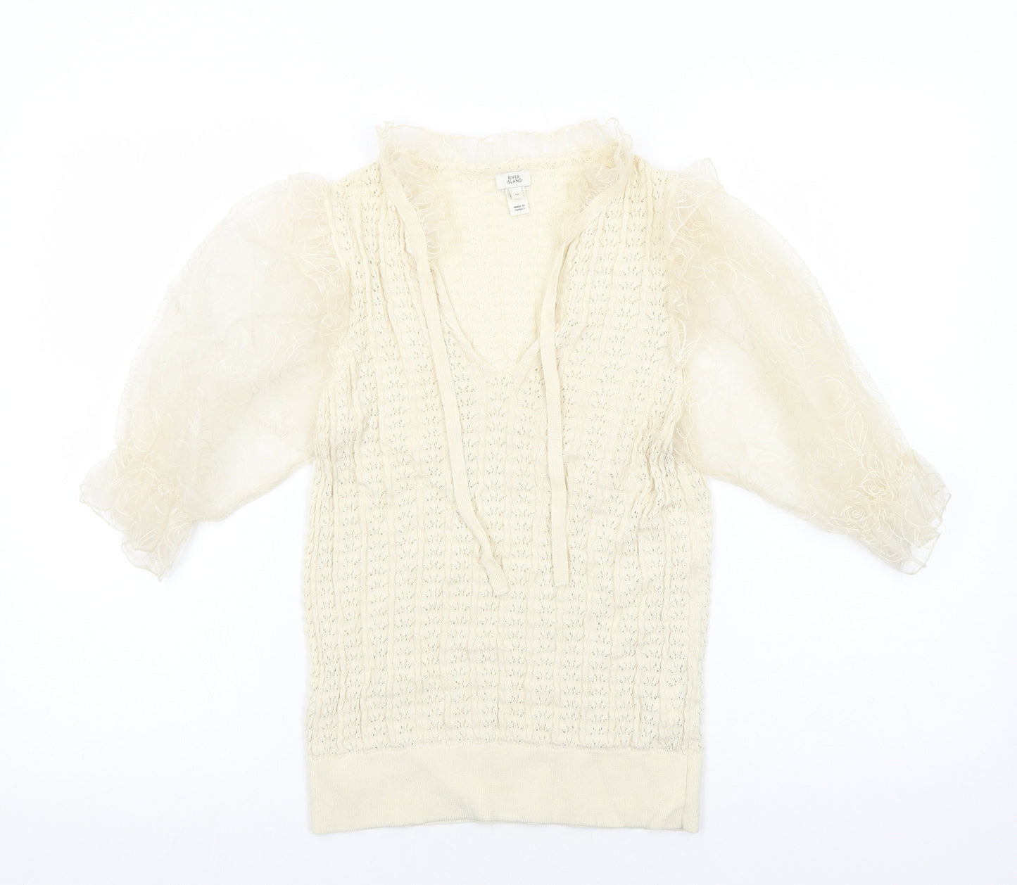 River Island Womens Ivory Polyamide Basic Blouse Size 10 V-Neck - Chiffon Sleeve Detail Tie Neck