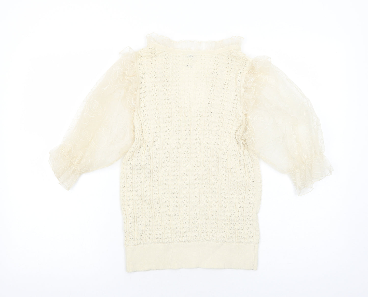 River Island Womens Ivory Polyamide Basic Blouse Size 10 V-Neck - Chiffon Sleeve Detail Tie Neck