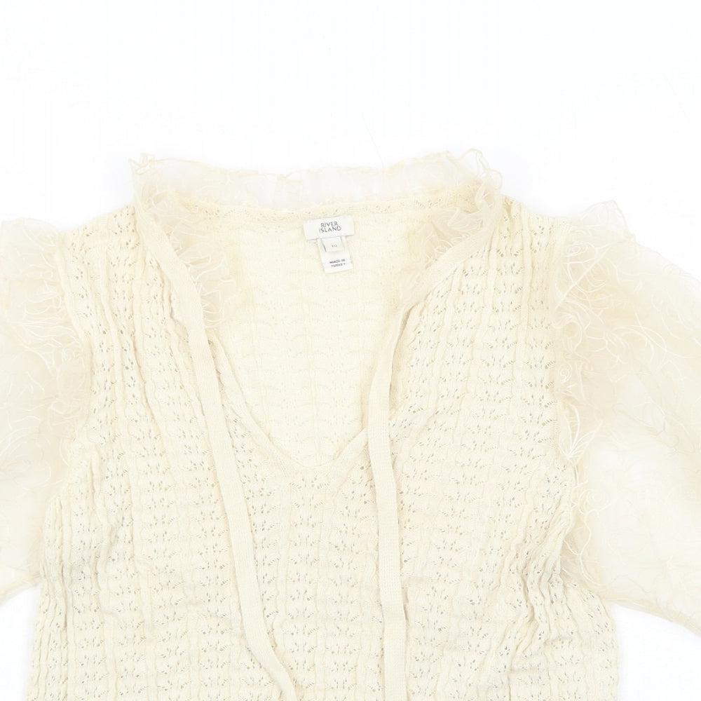River Island Womens Ivory Polyamide Basic Blouse Size 10 V-Neck - Chiffon Sleeve Detail Tie Neck