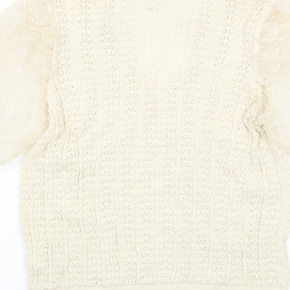 River Island Womens Ivory Polyamide Basic Blouse Size 10 V-Neck - Chiffon Sleeve Detail Tie Neck