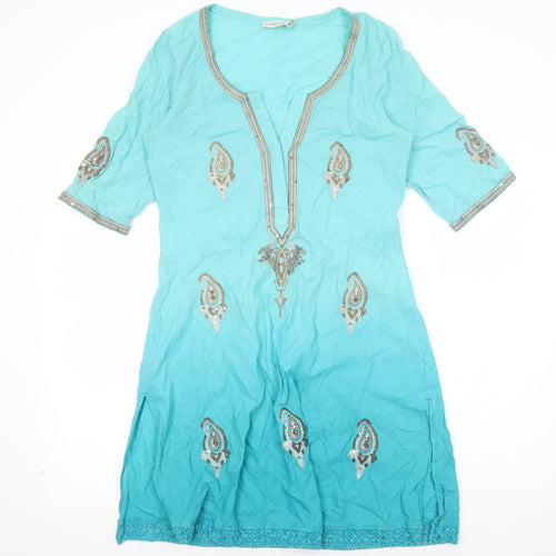 Everyday Sugar Womens Blue Geometric Cotton Kaftan Size S V-Neck Pullover