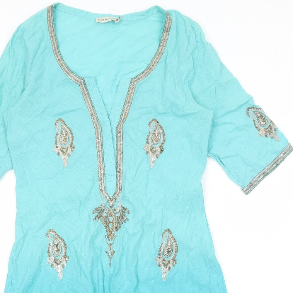 Everyday Sugar Womens Blue Geometric Cotton Kaftan Size S V-Neck Pullover