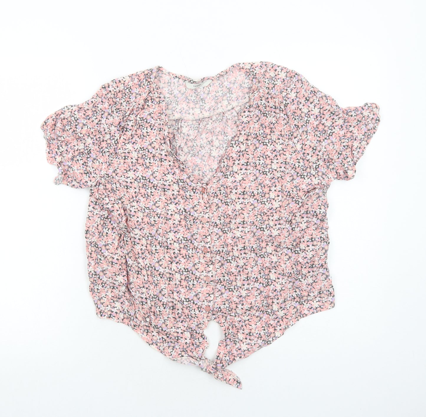 George Womens Pink Floral Viscose Basic Blouse Size 18 V-Neck - Tie Front