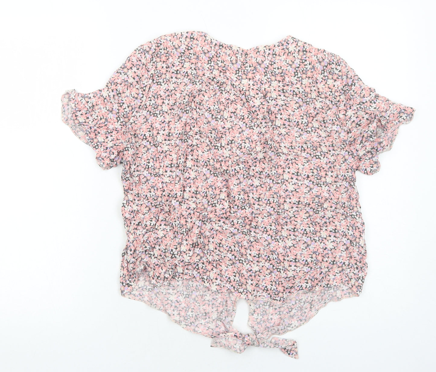 George Womens Pink Floral Viscose Basic Blouse Size 18 V-Neck - Tie Front