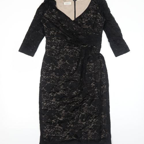Kaliko Womens Black Floral Polyester A-Line Size 8 V-Neck Zip