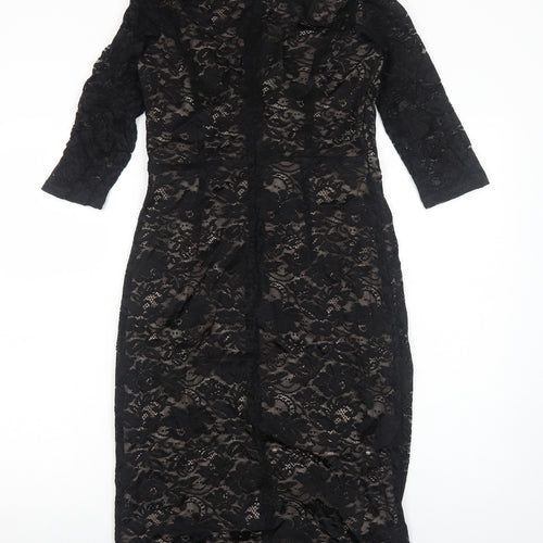 Kaliko Womens Black Floral Polyester A-Line Size 8 V-Neck Zip