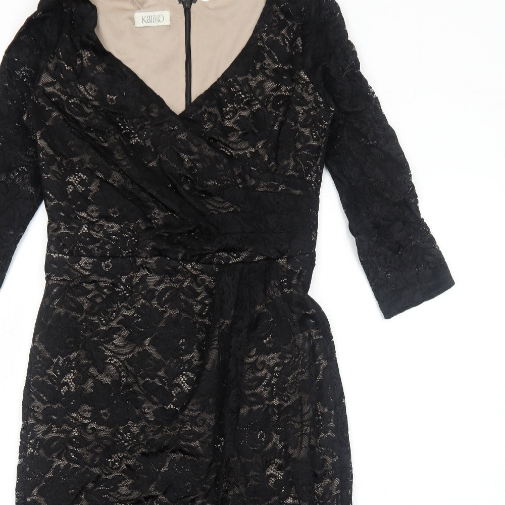 Kaliko Womens Black Floral Polyester A-Line Size 8 V-Neck Zip