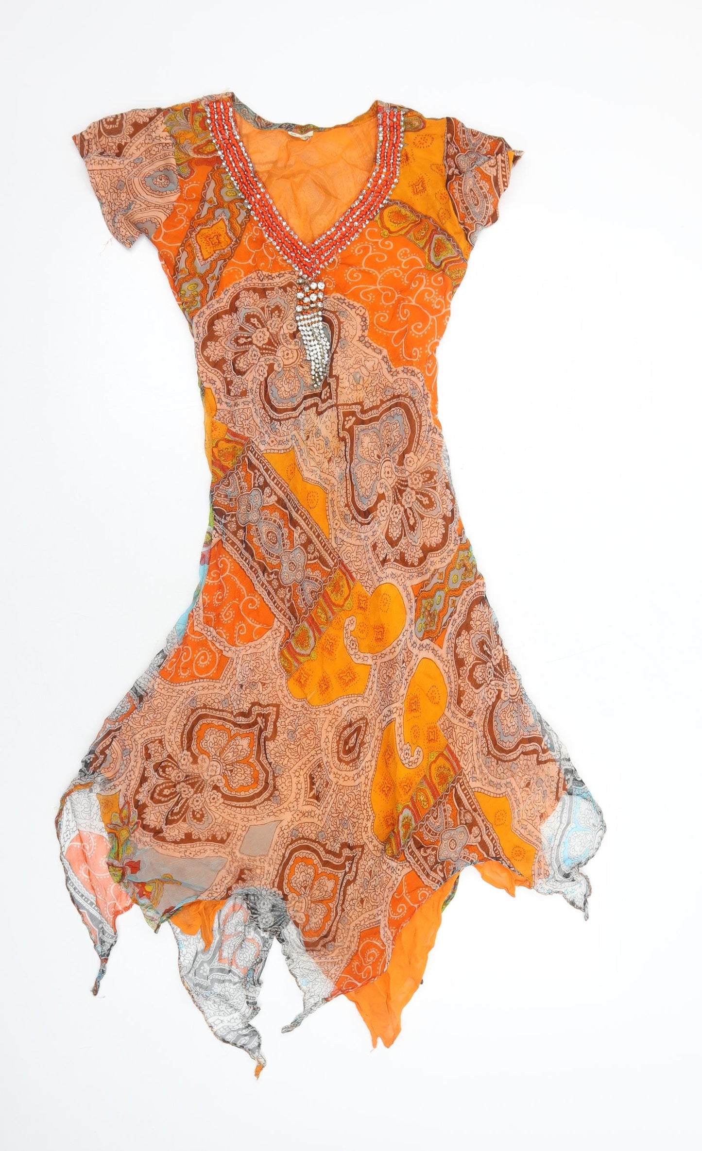 Preworn Womens Orange Geometric Polyester Trapeze & Swing Size 10 V-Neck Pullover