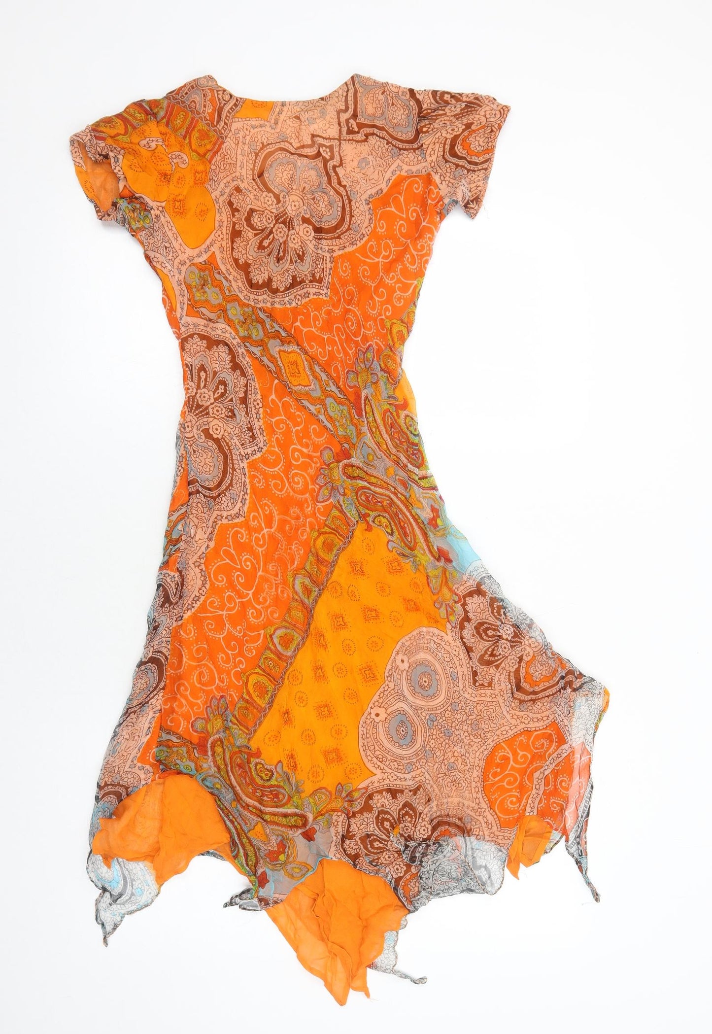 Preworn Womens Orange Geometric Polyester Trapeze & Swing Size 10 V-Neck Pullover