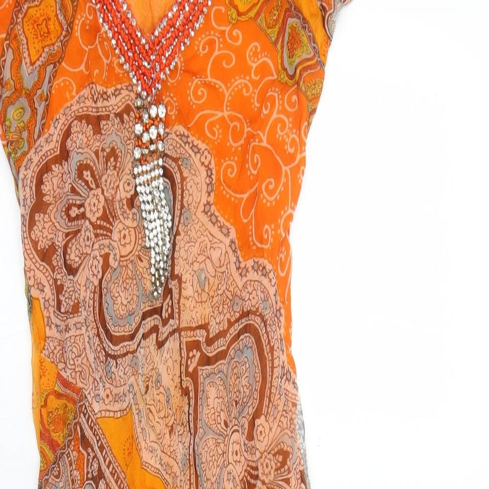 Preworn Womens Orange Geometric Polyester Trapeze & Swing Size 10 V-Neck Pullover