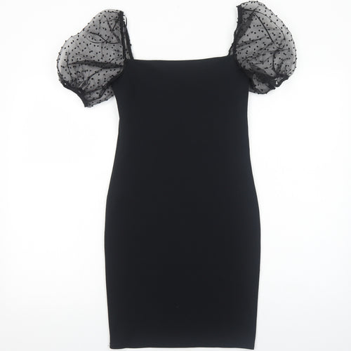 New Look Womens Black Polka Dot Viscose Bodycon Size 10 Square Neck Pullover