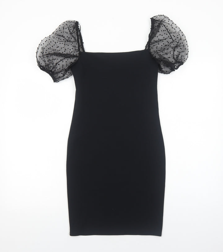New Look Womens Black Polka Dot Viscose Bodycon Size 10 Square Neck Pullover