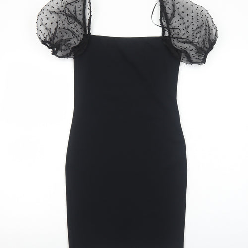 New Look Womens Black Polka Dot Viscose Bodycon Size 10 Square Neck Pullover