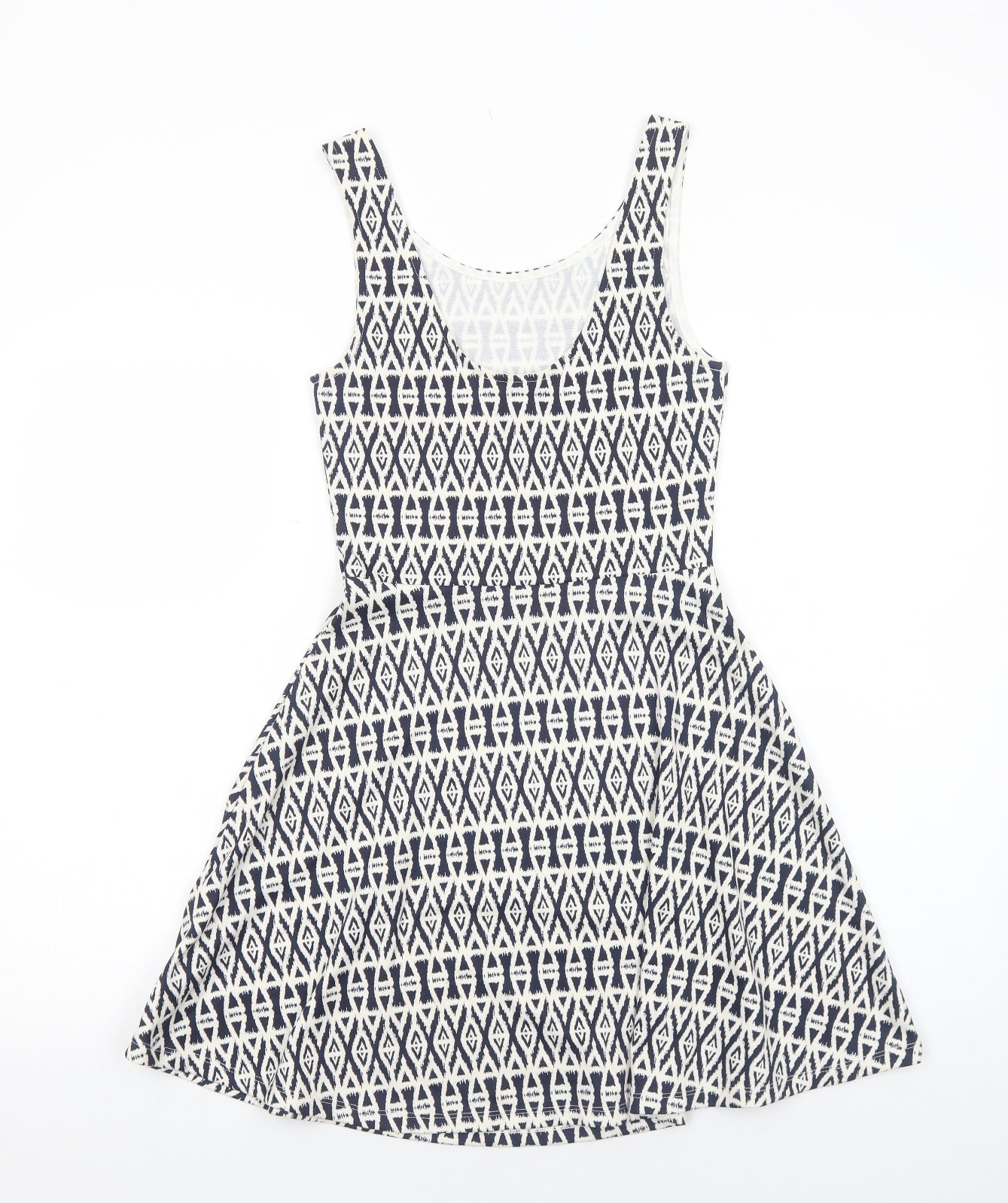 H&M Womens Blue Geometric Viscose Fit & Flare Size 8 Round Neck Pullover