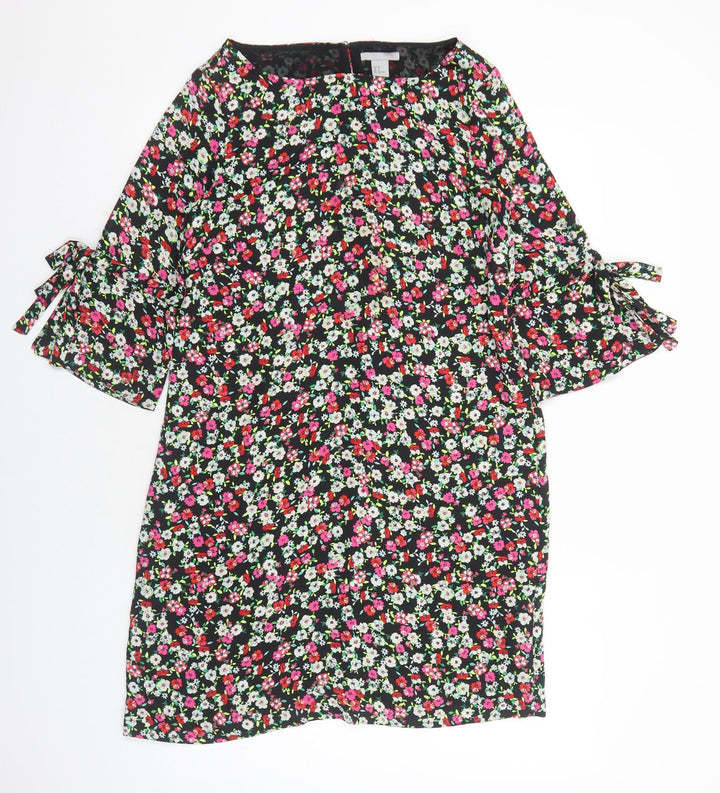 H&M Womens Black Floral Polyester A-Line Size 10 Boat Neck Pullover