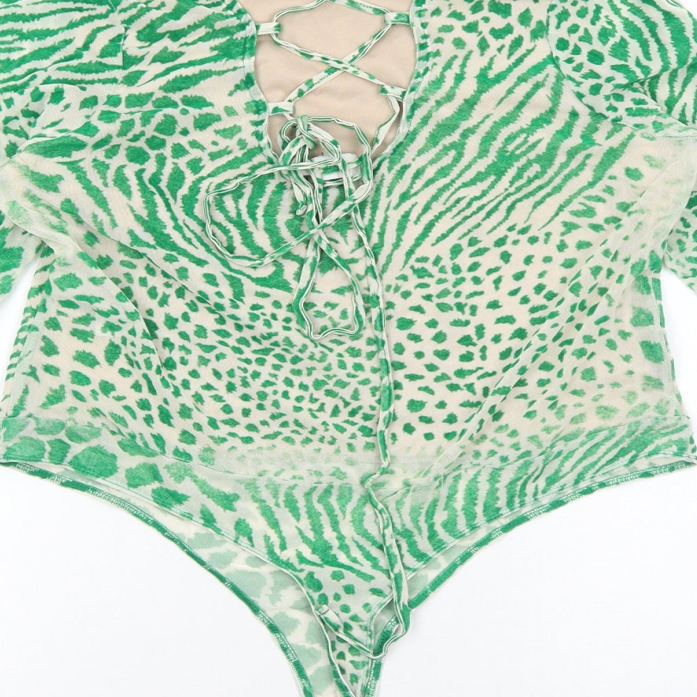 River Island Womens Green Animal Print Polyester Bodysuit One-Piece Size 20 Snap