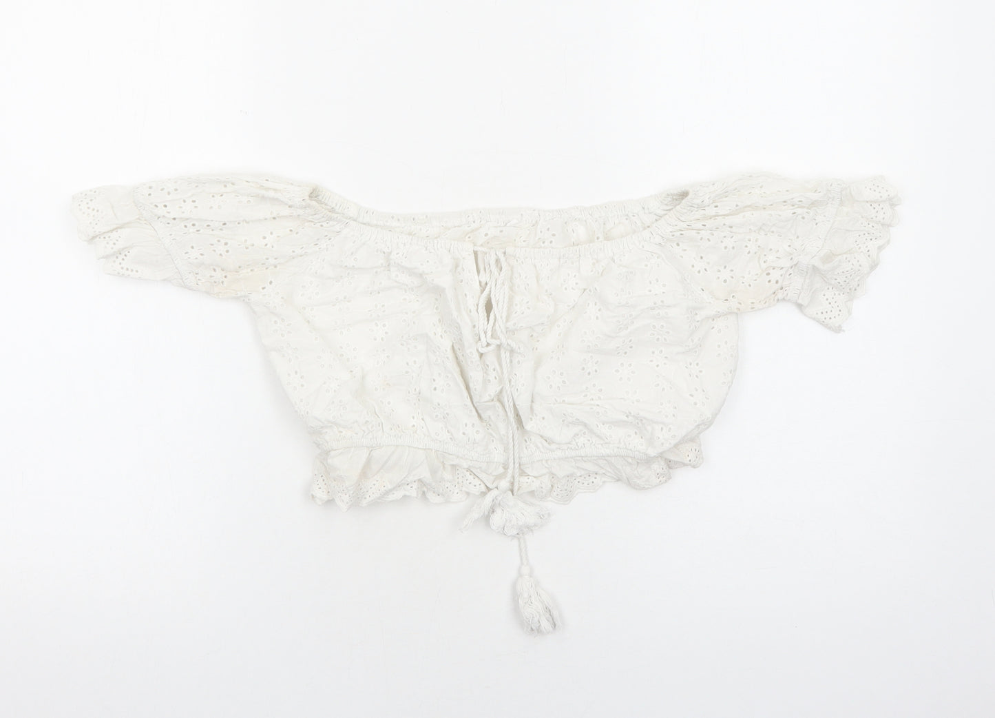 Preworn Womens White Cotton Cropped Blouse Size S Off the Shoulder