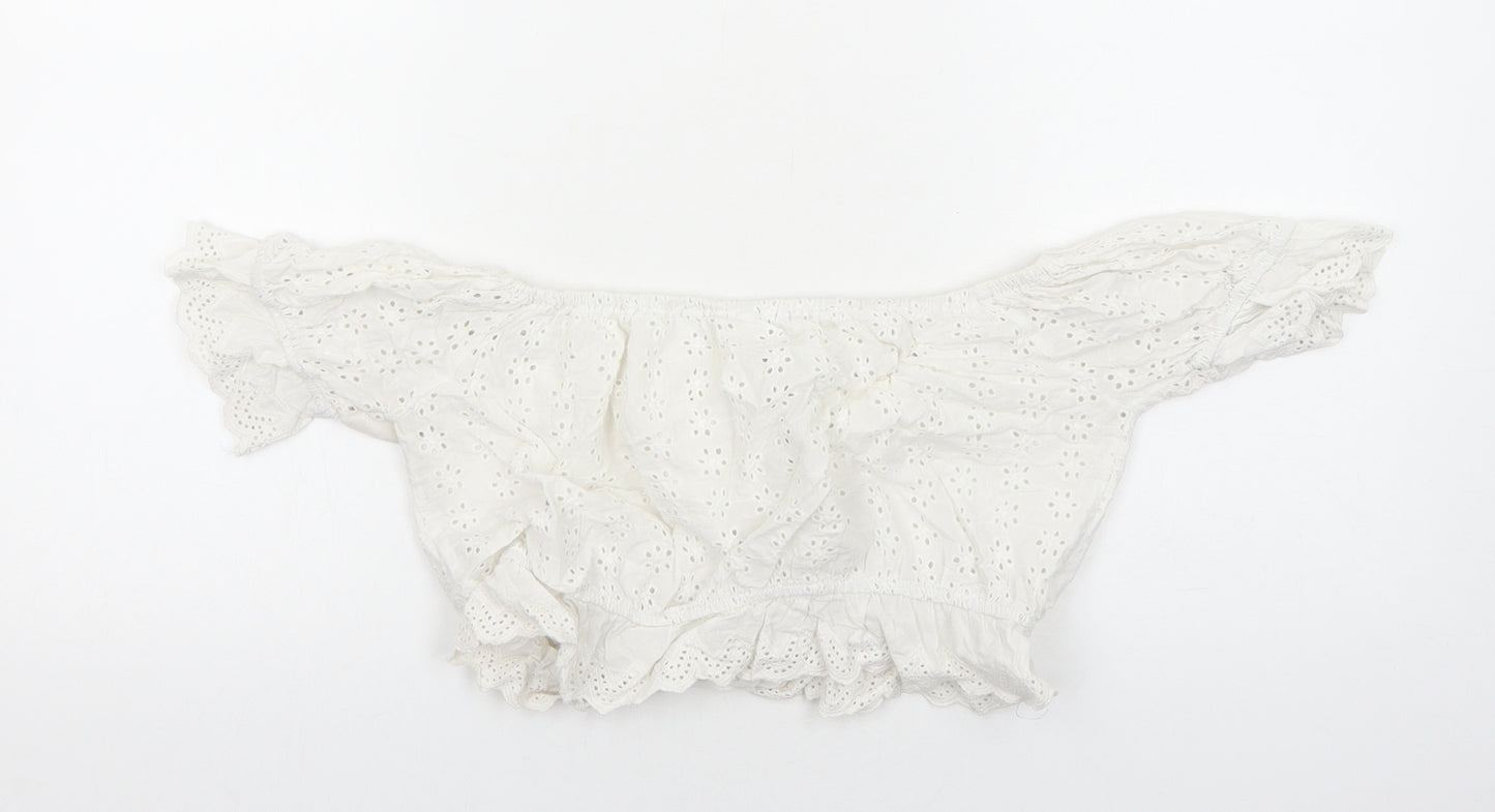 Preworn Womens White Cotton Cropped Blouse Size S Off the Shoulder