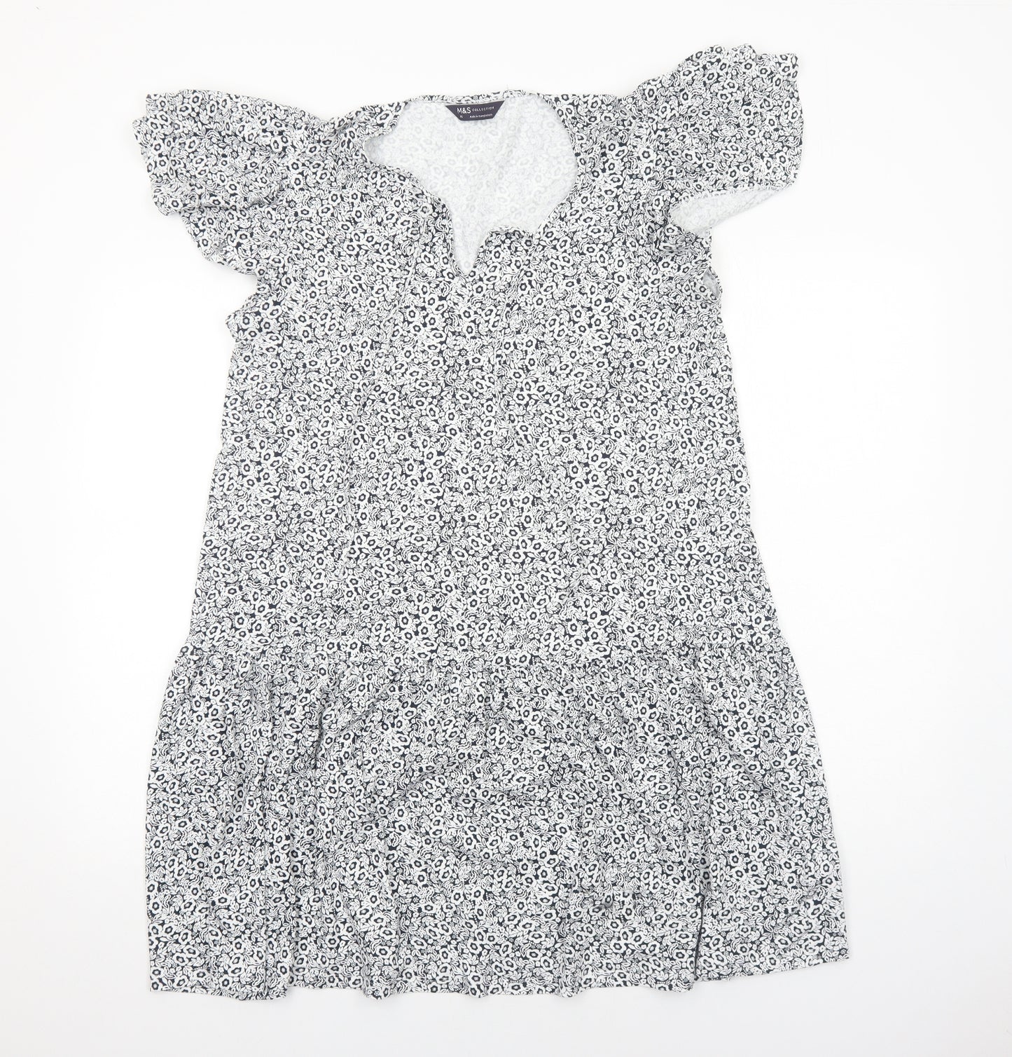 Marks and Spencer Womens White Floral Viscose A-Line Size 14 V-Neck Pullover