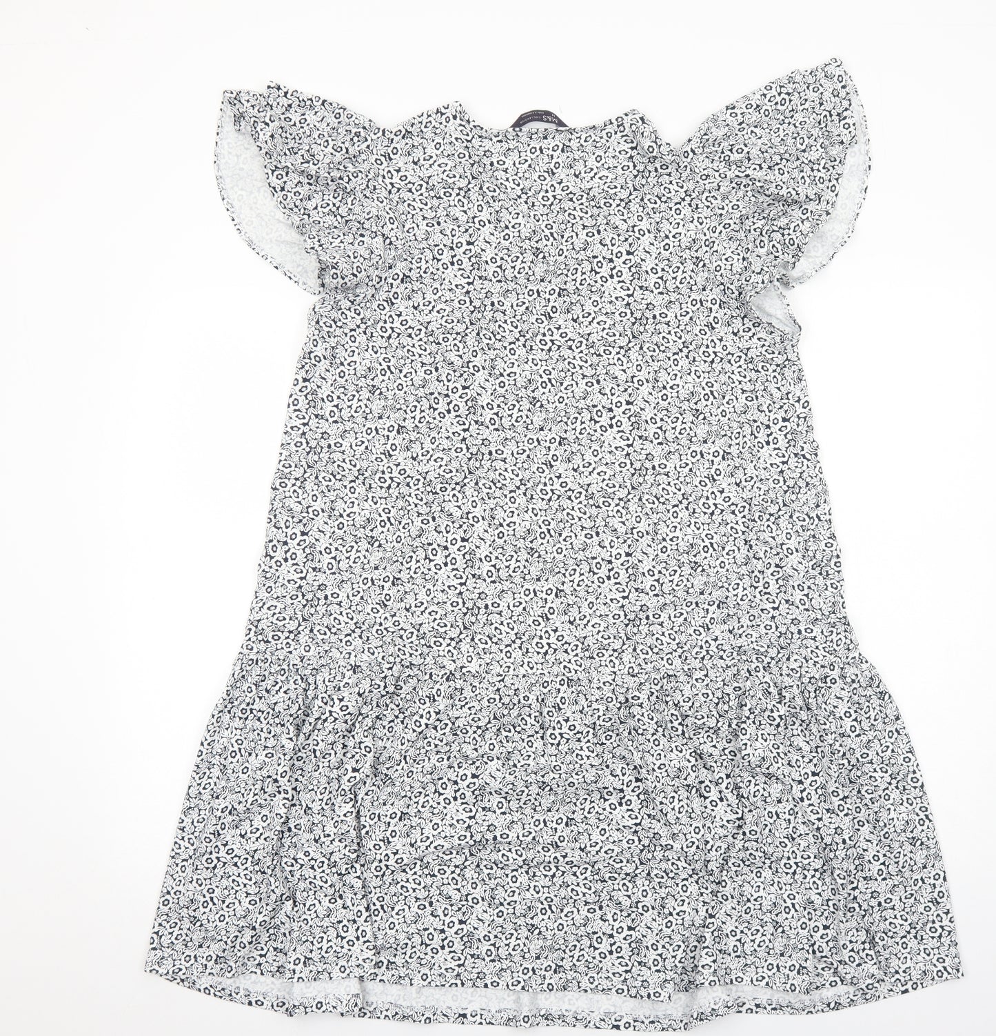 Marks and Spencer Womens White Floral Viscose A-Line Size 14 V-Neck Pullover