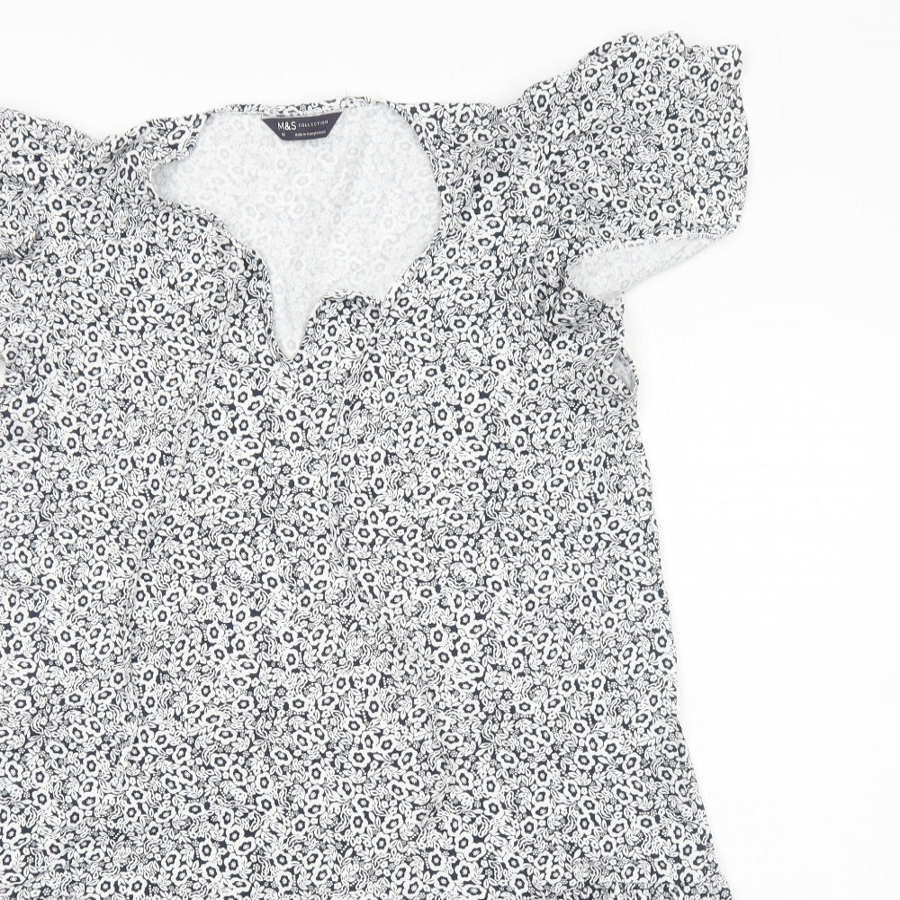 Marks and Spencer Womens White Floral Viscose A-Line Size 14 V-Neck Pullover