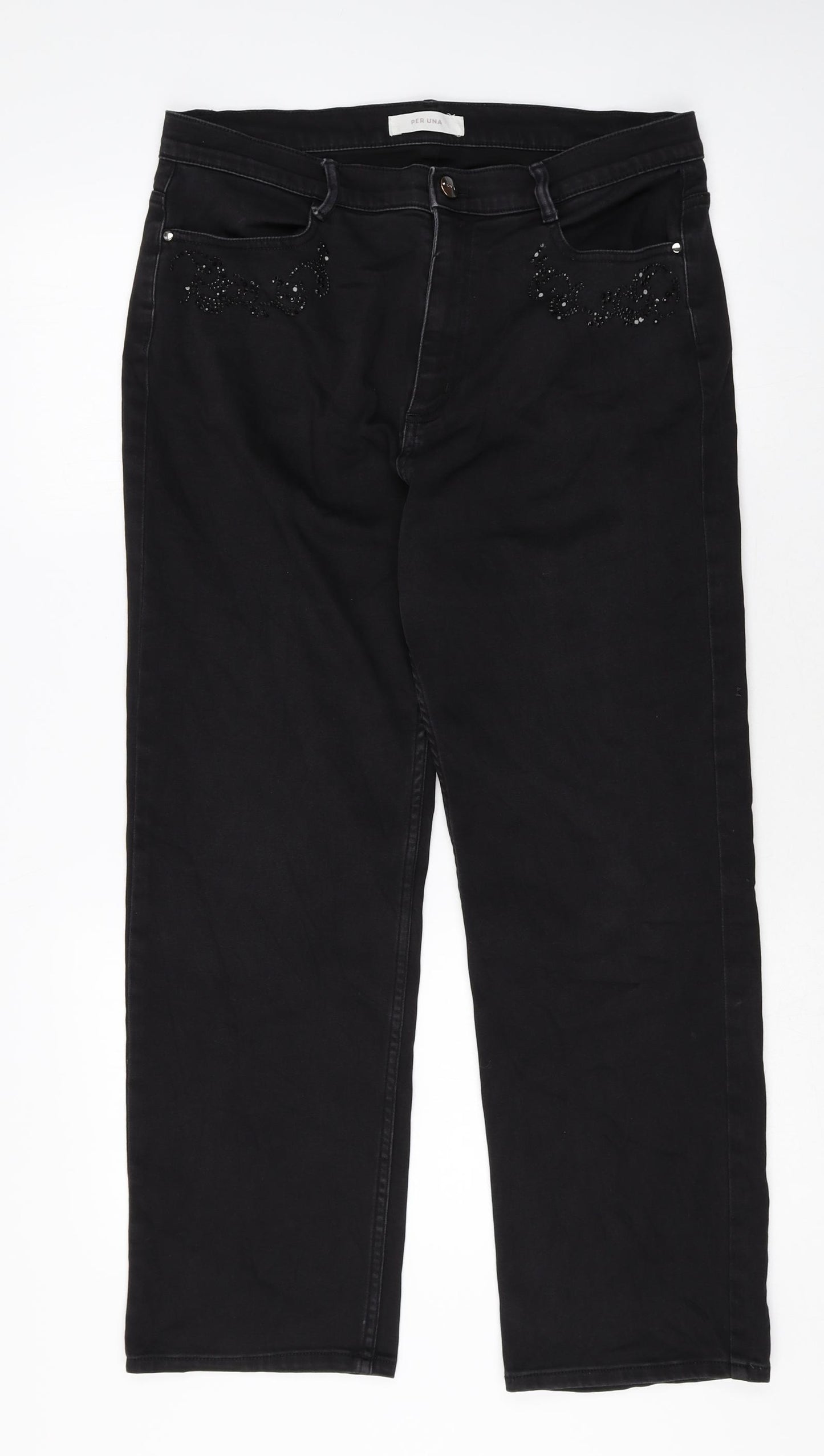 Per Una Womens Black Cotton Straight Jeans Size 16 Regular Zip
