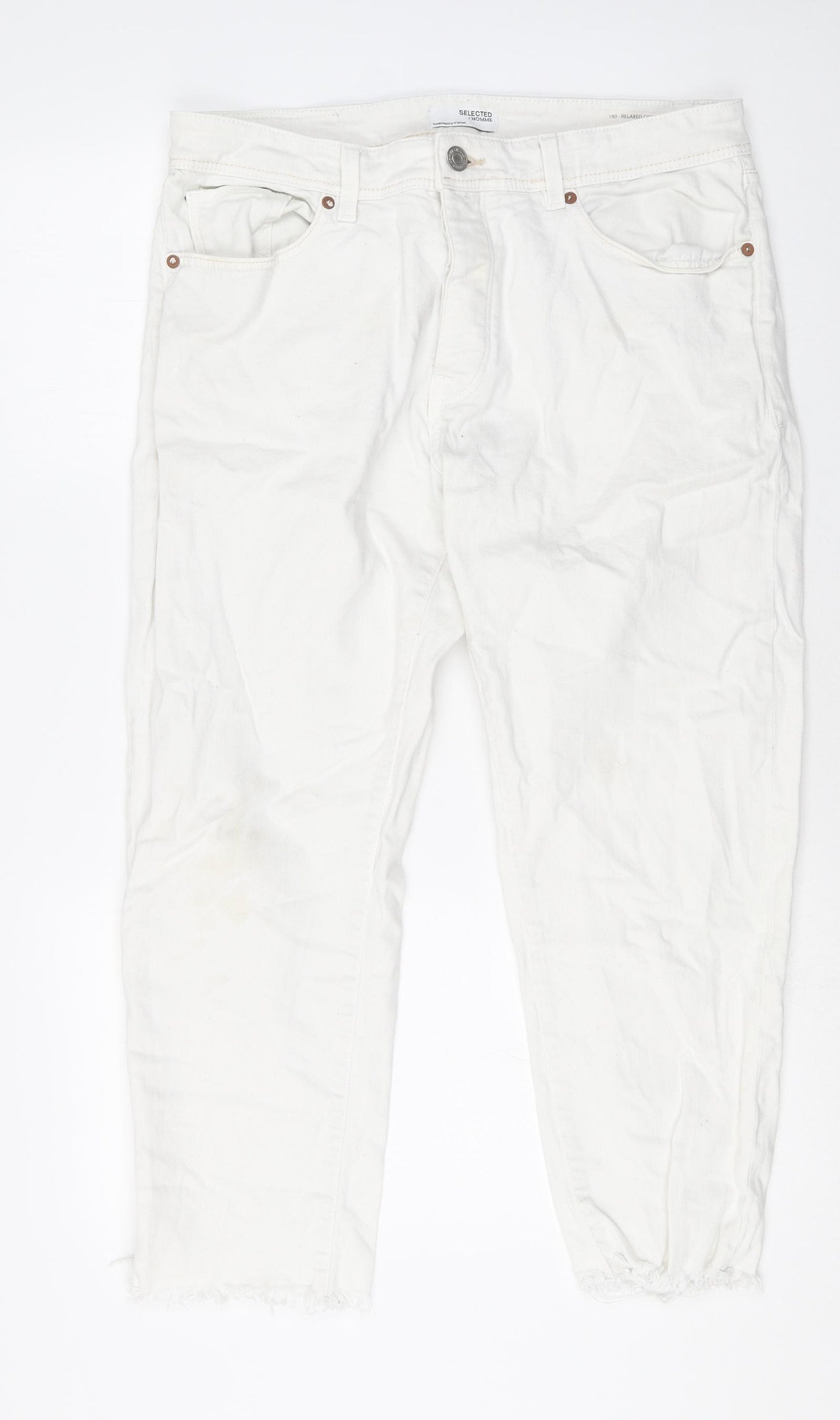 Selected Womens White Cotton Tapered Jeans Size 34 in Regular Button