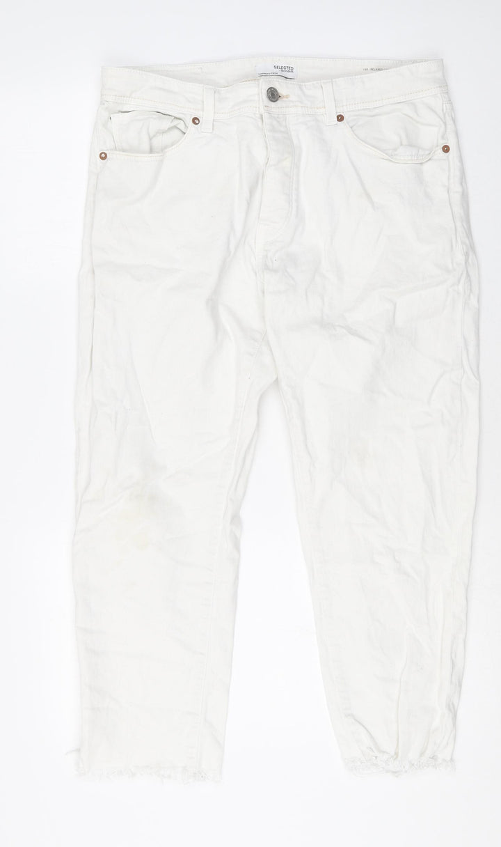 Selected Womens White Cotton Tapered Jeans Size 34 in Regular Button