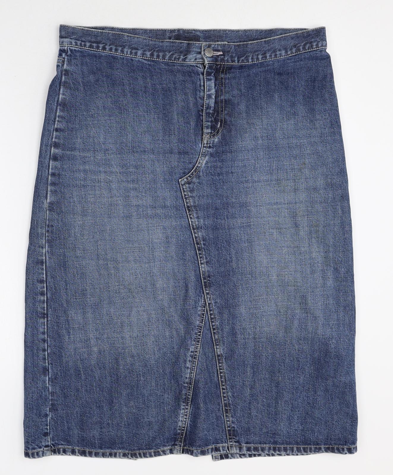Per Una Womens Blue Cotton Straight & Pencil Skirt Size 16 Zip