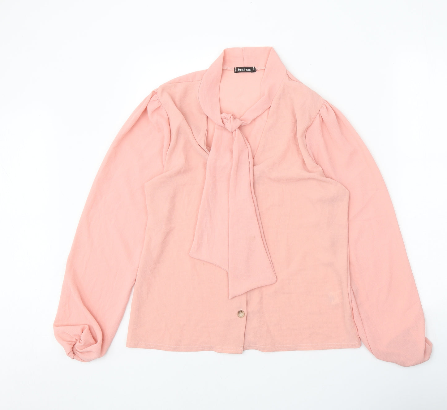 Boohoo Womens Pink Polyester Basic Blouse Size 8 V-Neck - Pussy Bow Neck