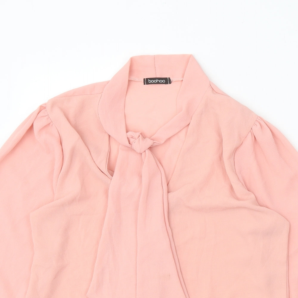 Boohoo Womens Pink Polyester Basic Blouse Size 8 V-Neck - Pussy Bow Neck