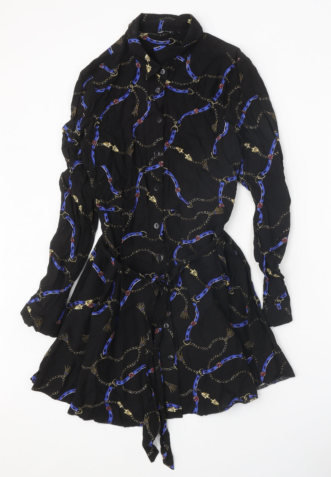Select Womens Black Geometric Viscose Shirt Dress Size 12 Collared Button