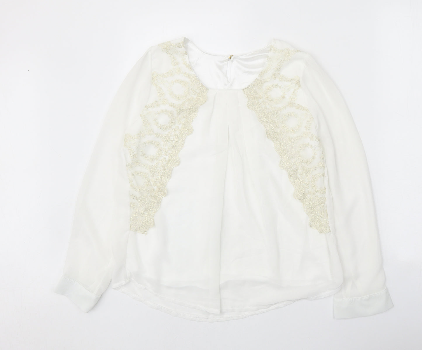 Preworn Womens White Polyester Basic Blouse Size L Scoop Neck - Lace Detail
