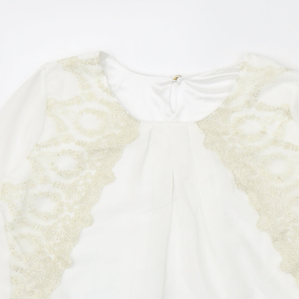 Preworn Womens White Polyester Basic Blouse Size L Scoop Neck - Lace Detail
