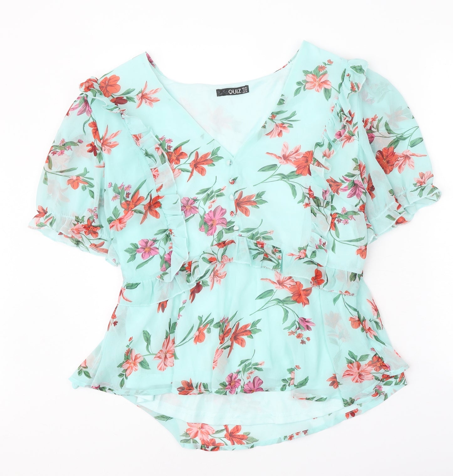 Quiz Womens Blue Floral Polyester Basic Blouse Size 18 V-Neck