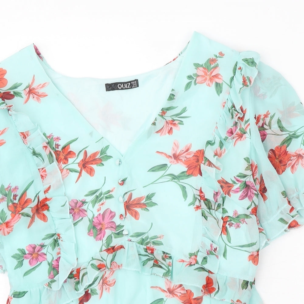 Quiz Womens Blue Floral Polyester Basic Blouse Size 18 V-Neck