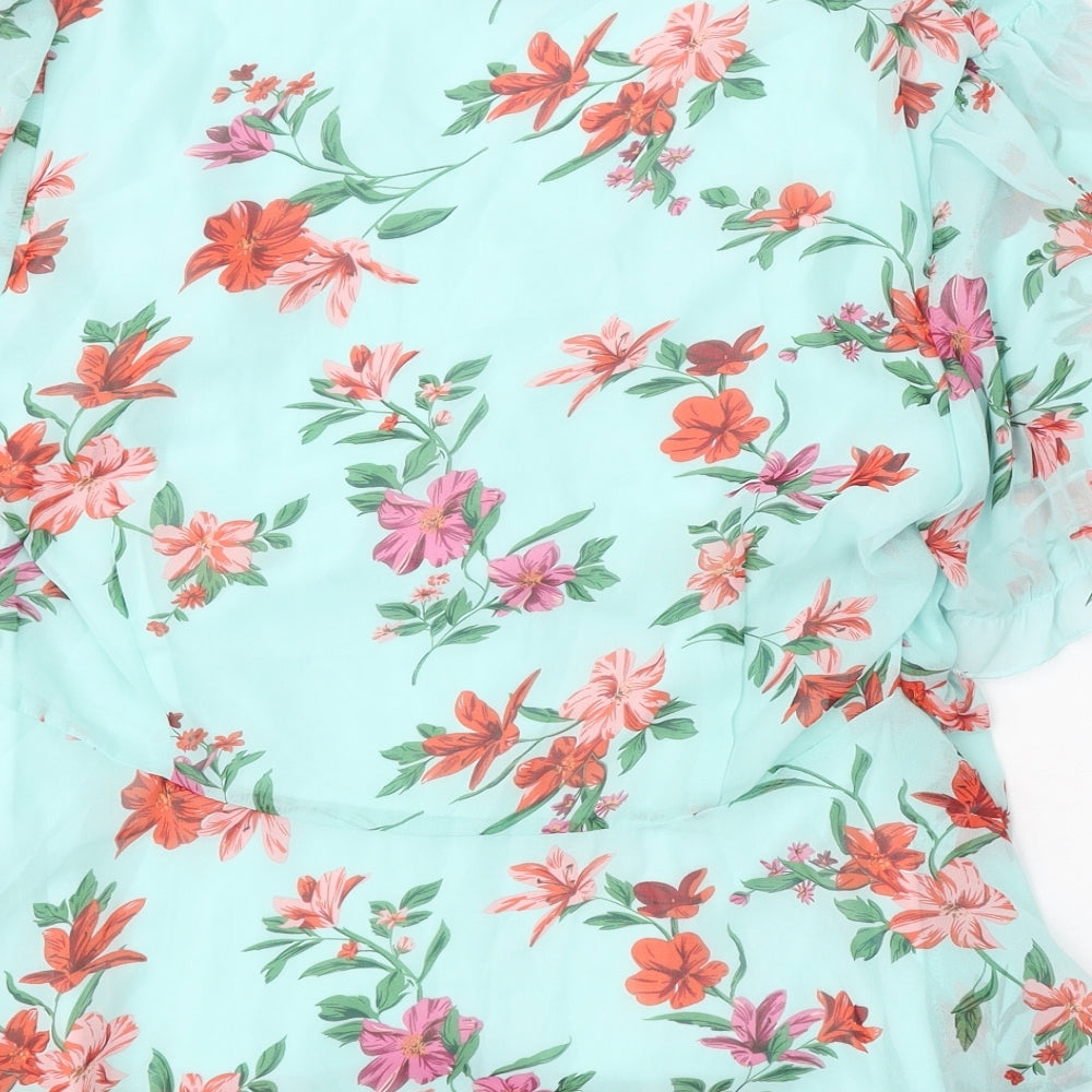 Quiz Womens Blue Floral Polyester Basic Blouse Size 18 V-Neck