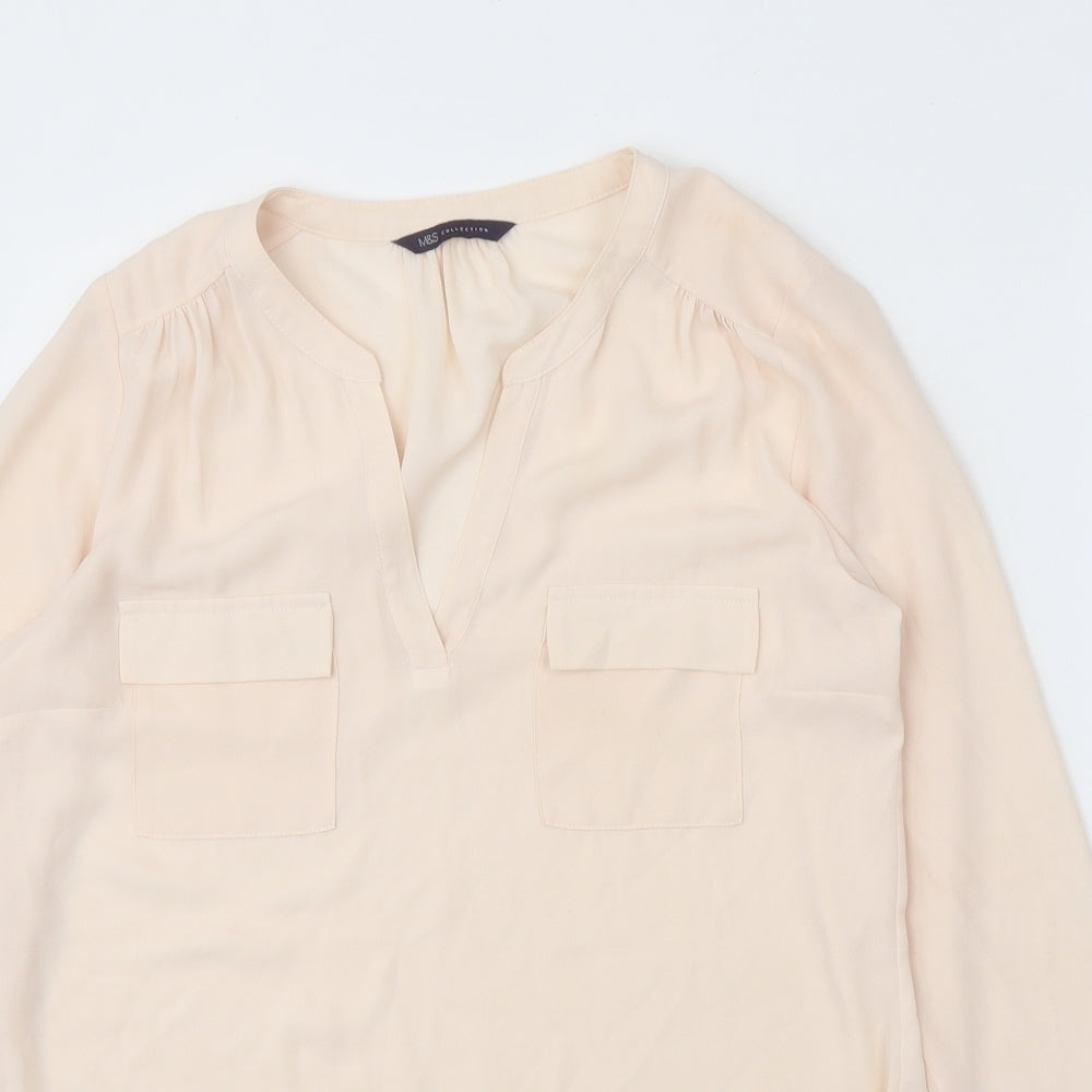Marks and Spencer Womens Beige Polyester Basic Blouse Size 10 V-Neck