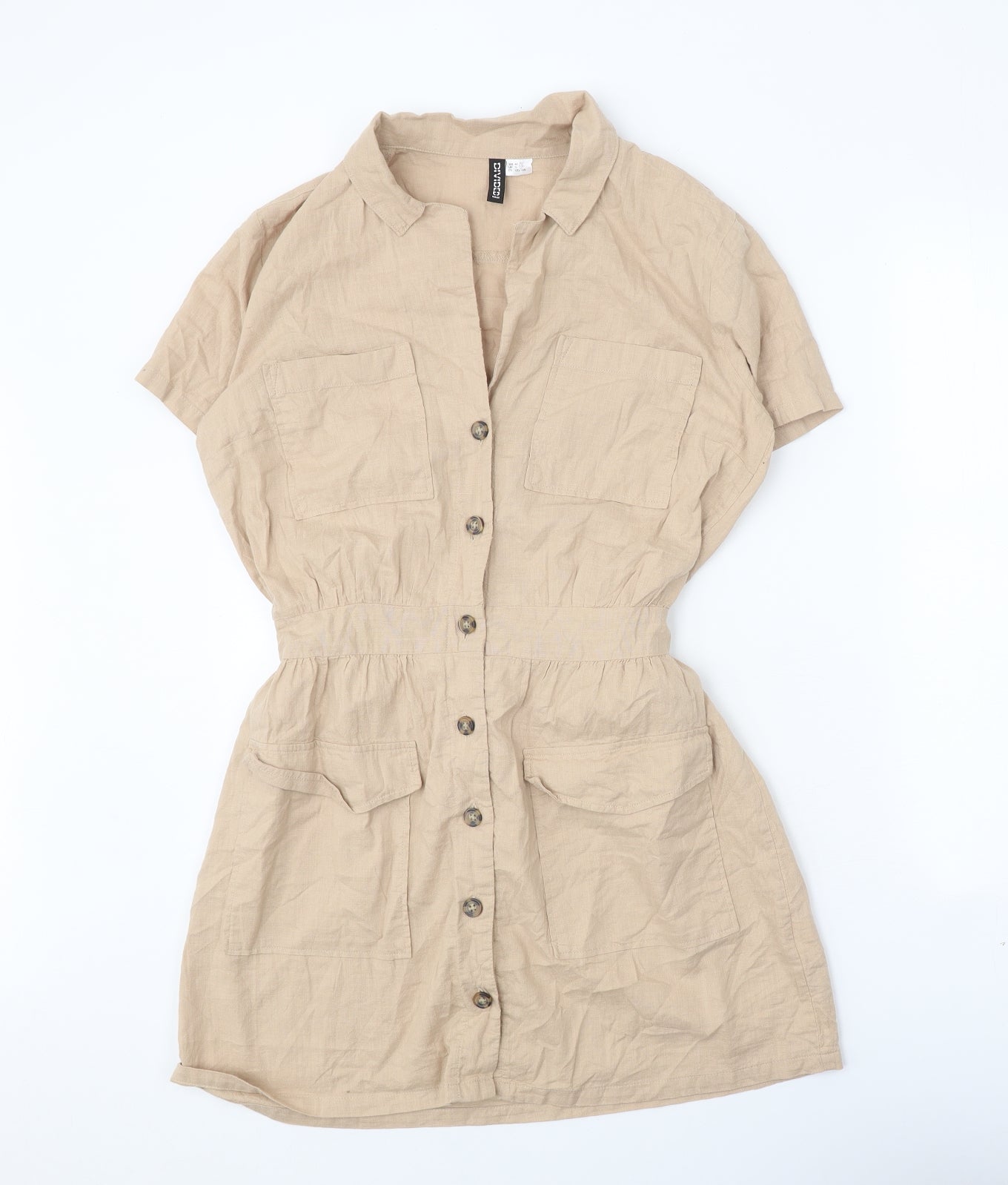 Divided Womens Beige 100% Cotton Shirt Dress Size 12 Collared Button